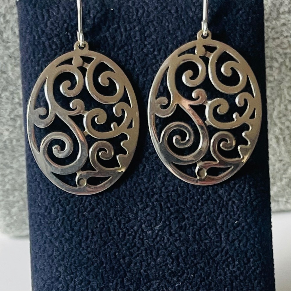 925 Sterling Silver Oval Scrollwork Dangle Earrings Openwork Filigree Hooks